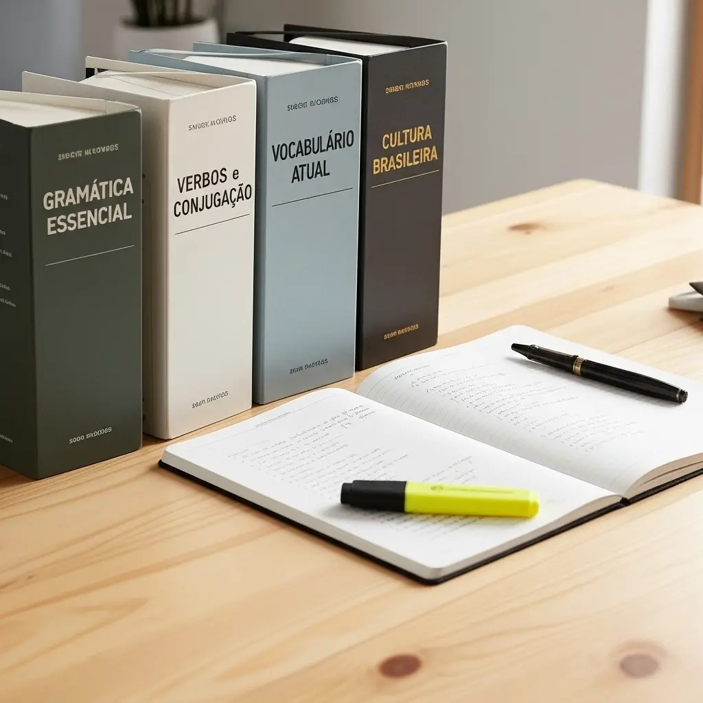 Livros de Português brasileiro sobre gramática, verbos, vocabulário e cultura organizados sobre mesa de estudo com caderno e marca-texto.