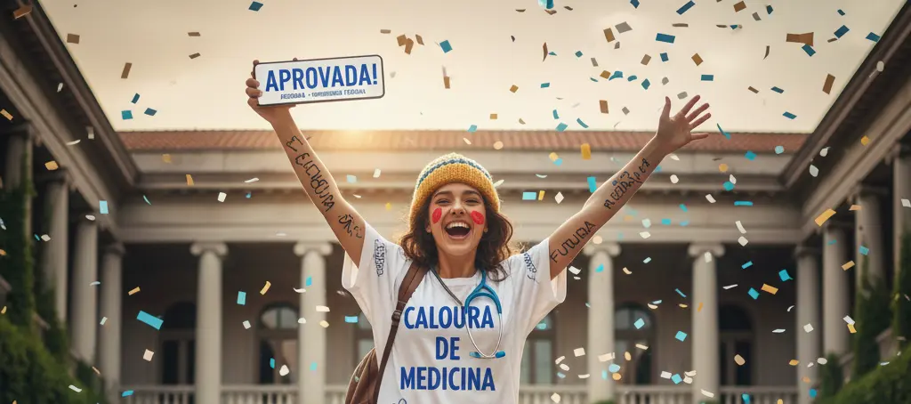 Estudante comemorando aprovação em Medicina, com braços abertos, confetes no ar e placa escrito “Aprovada”, em ambiente universitário.