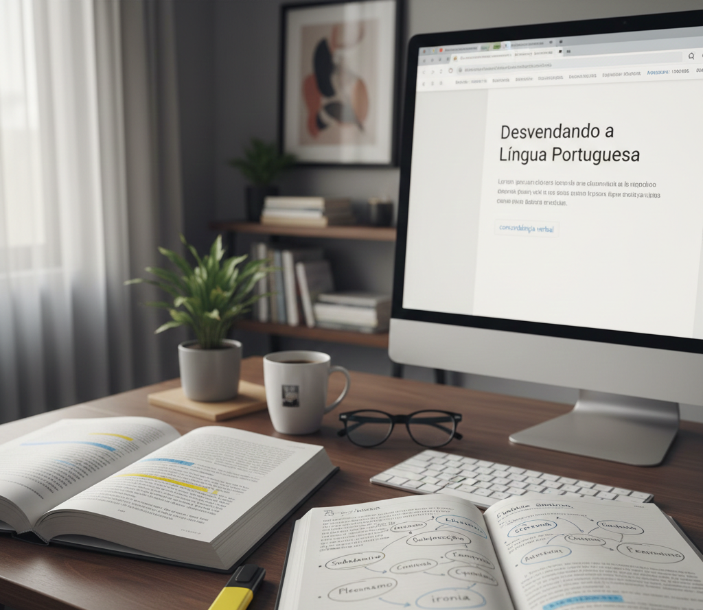 Ambiente de estudo da Língua Portuguesa com livros abertos, anotações, computador exibindo artigo educacional e mesa organizada.