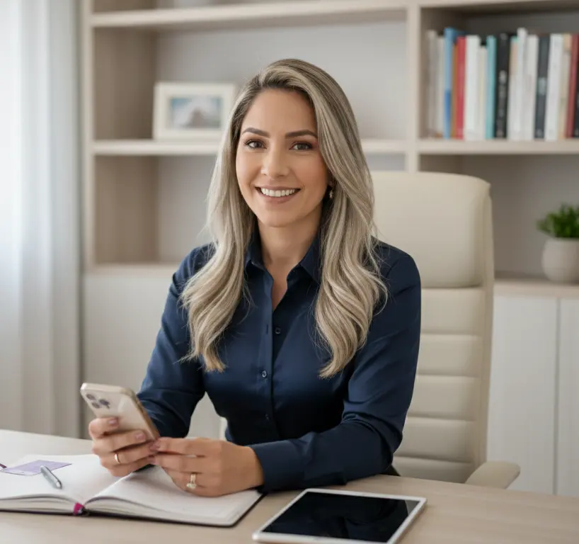 Professora Anna Vox pronta para atendimento e suporte sobre cursos de Português e Redação.