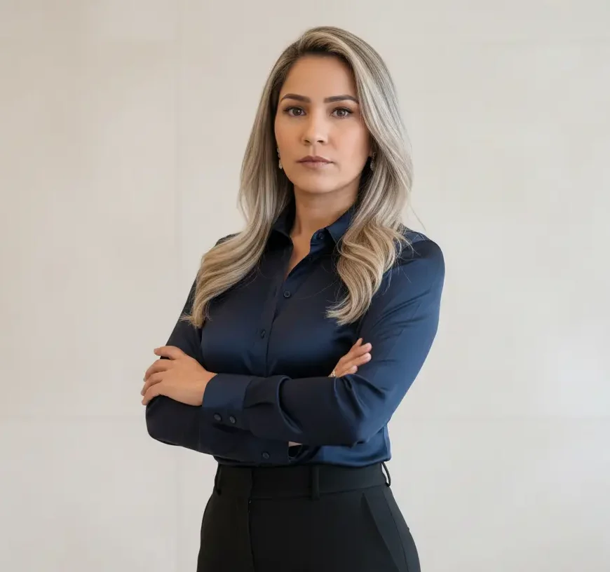 Mulher profissional com postura confiante, vestindo camisa social azul escura e calça preta, em ambiente minimalista.