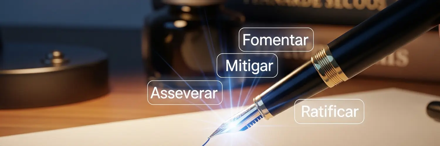 Caneta de aparo a escrever num papel com os verbos Fomentar, Mitigar, Asseverar e Ratificar a flutuar com brilho, representando o vocabulário nota 1000 para a redação do ENEM.
