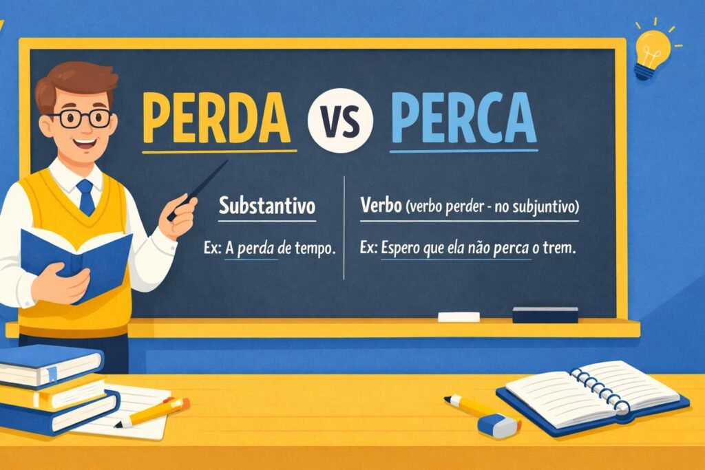 Diferença entre perda e perca na gramática da língua portuguesa com explicação de quando usar perda como substantivo e perca como verbo.