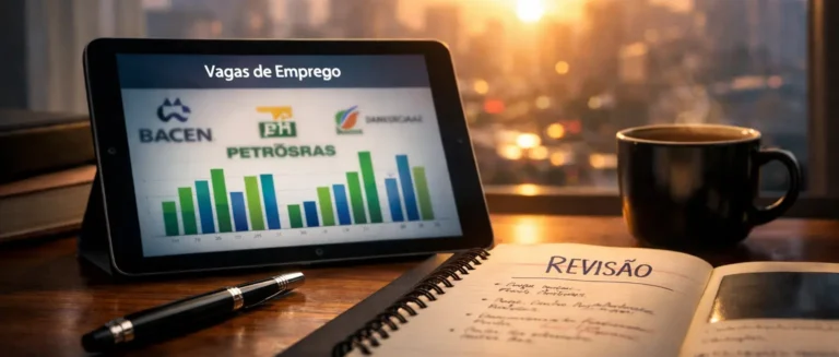 Infográfico mostrando o giro de concursos públicos no Brasil em 17 de abril de 2026, com destaque para Petrobras, Bacen, Marinha e Prefeitura de Campinas. Ilustração de editais e oportunidades.