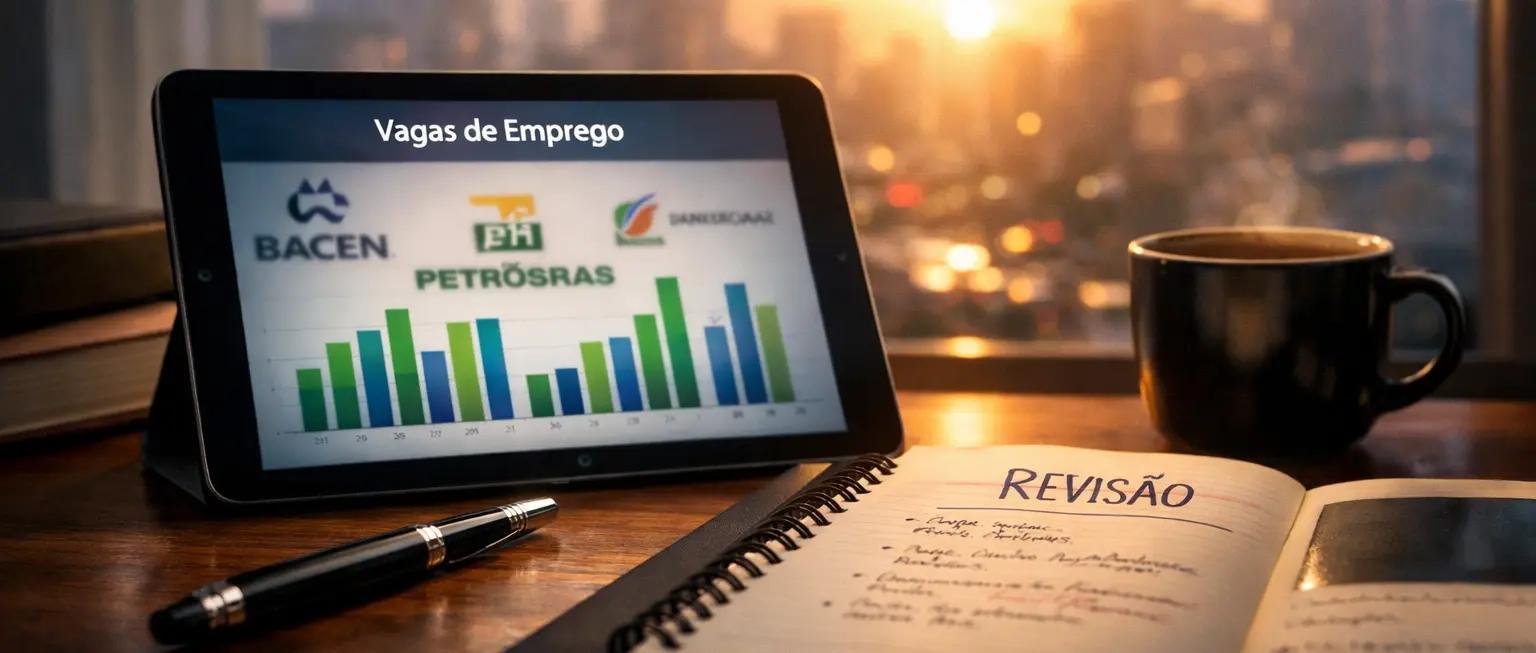 Infográfico mostrando o giro de concursos públicos no Brasil em 17 de abril de 2026, com destaque para Petrobras, Bacen, Marinha e Prefeitura de Campinas. Ilustração de editais e oportunidades.