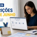 Estudante fazendo a inscrição do Enem 2026 pelo notebook, com caderno, documentos e calendário sobre a mesa.
