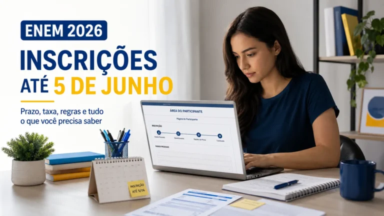 Estudante fazendo a inscrição do Enem 2026 pelo notebook, com caderno, documentos e calendário sobre a mesa.