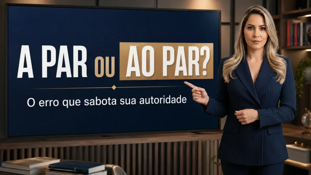 Professora aponta para tela com a dúvida a par ou ao par em capa educacional sobre erro de português.