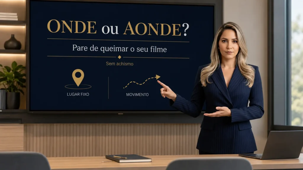 Professora aponta para tela digital com a dúvida onde ou aonde em capa educacional de português.