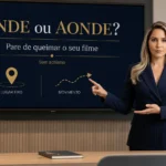 Professora aponta para tela digital com a dúvida onde ou aonde em capa educacional de português.