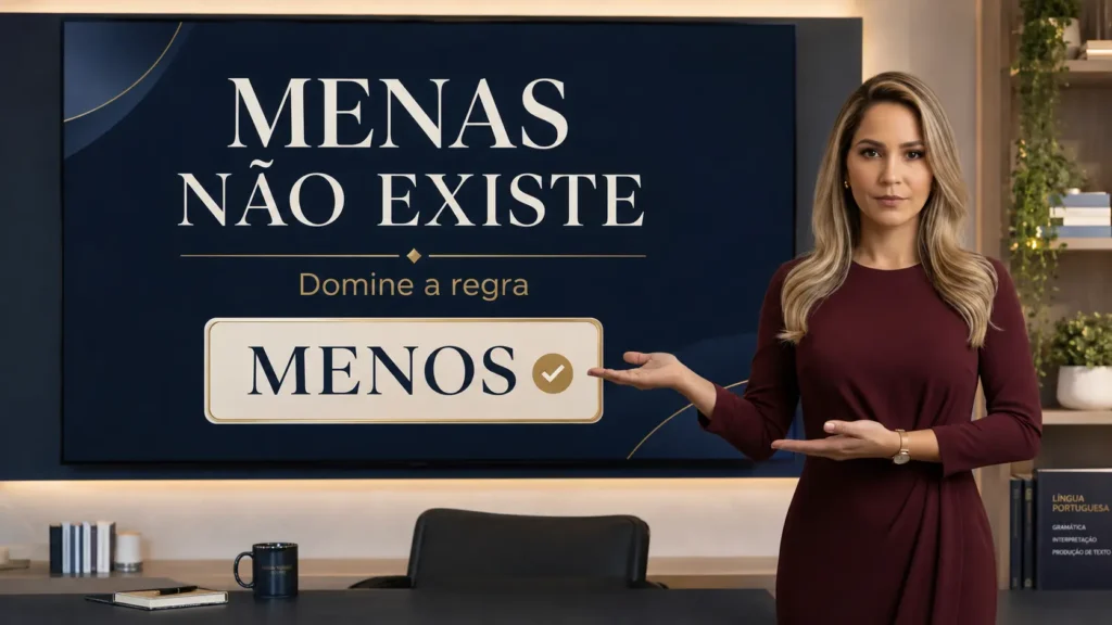 Professora aponta para tela digital explicando que menas não existe e que a forma correta é menos.