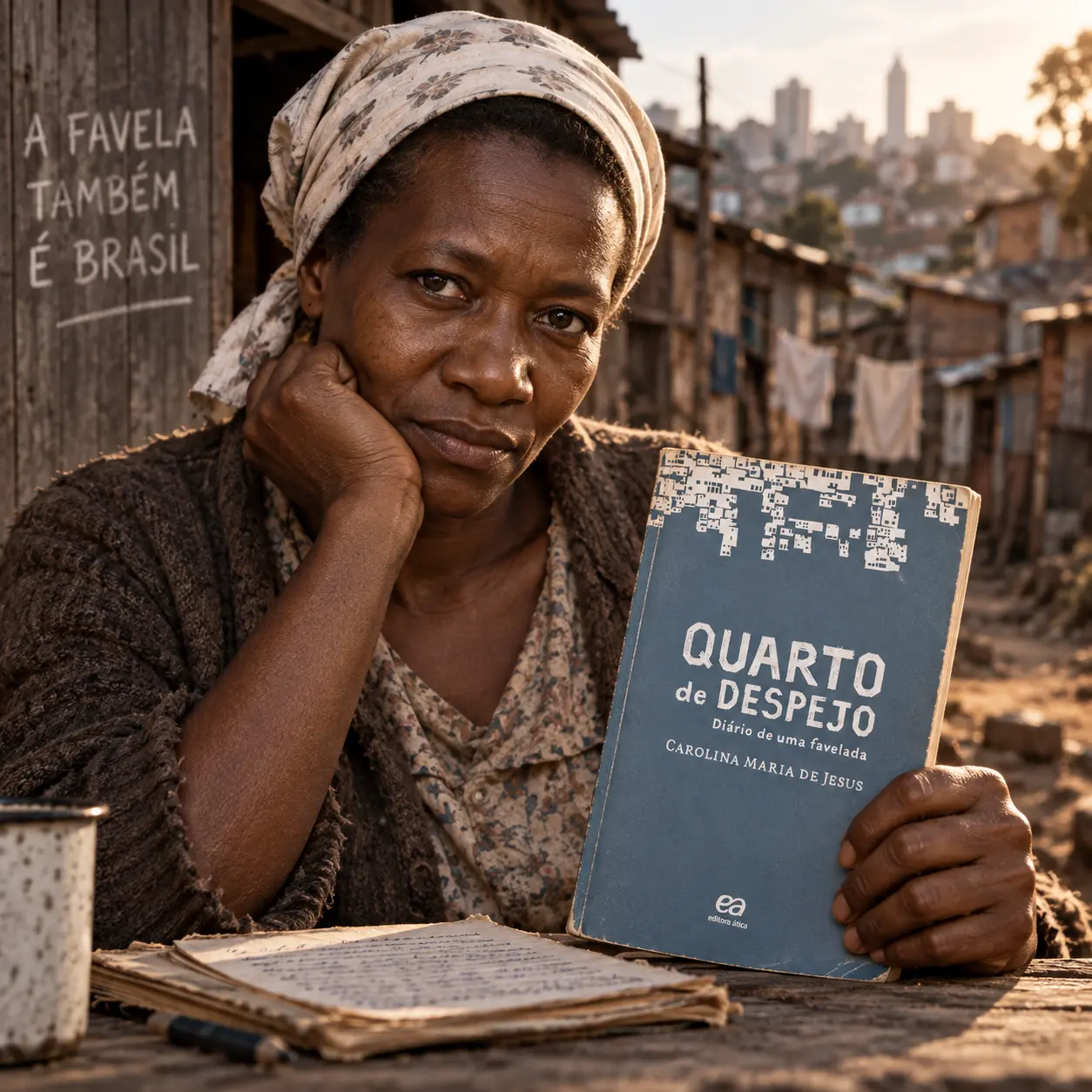 Al Representação de Carolina Maria de Jesus ao lado do livro Quarto de Despejo, em cenário inspirado na favela, destacando pobreza, escrita e desigualdade social no Brasil.