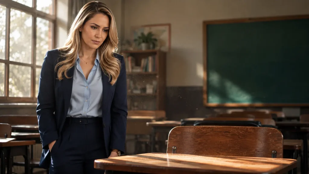 A professora Anna Vox em pé numa sala de aula, olhando com empatia e preocupação para uma carteira escolar de madeira vazia, ilustrando o tema de redação ENEM sobre evasão escolar.