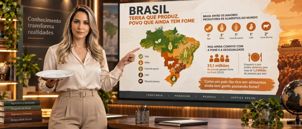 A professora Anna Vox segurando um prato vazio diante de gráficos de desigualdade, ilustrando a aula de redação ENEM sobre fome no Brasil.