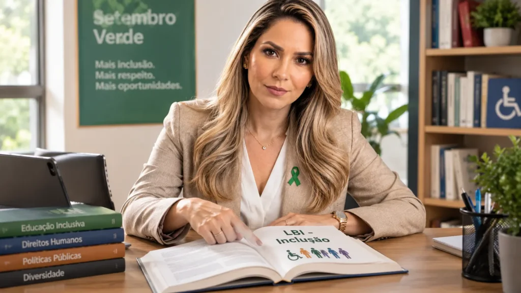 A professora Anna Vox usando um laço verde do Setembro Verde, apontando para um livro com a sigla LBI sobre a mesa, ilustrando a redação ENEM sobre inclusão de pessoas com deficiência.