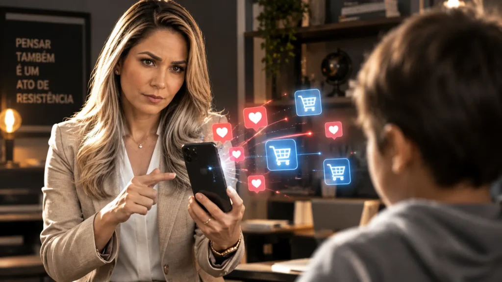 : A professora Anna Vox segurando um smartphone com ícones de compras flutuantes, ilustrando o impacto dos influenciadores digitais no consumo infantil para o ENEM.