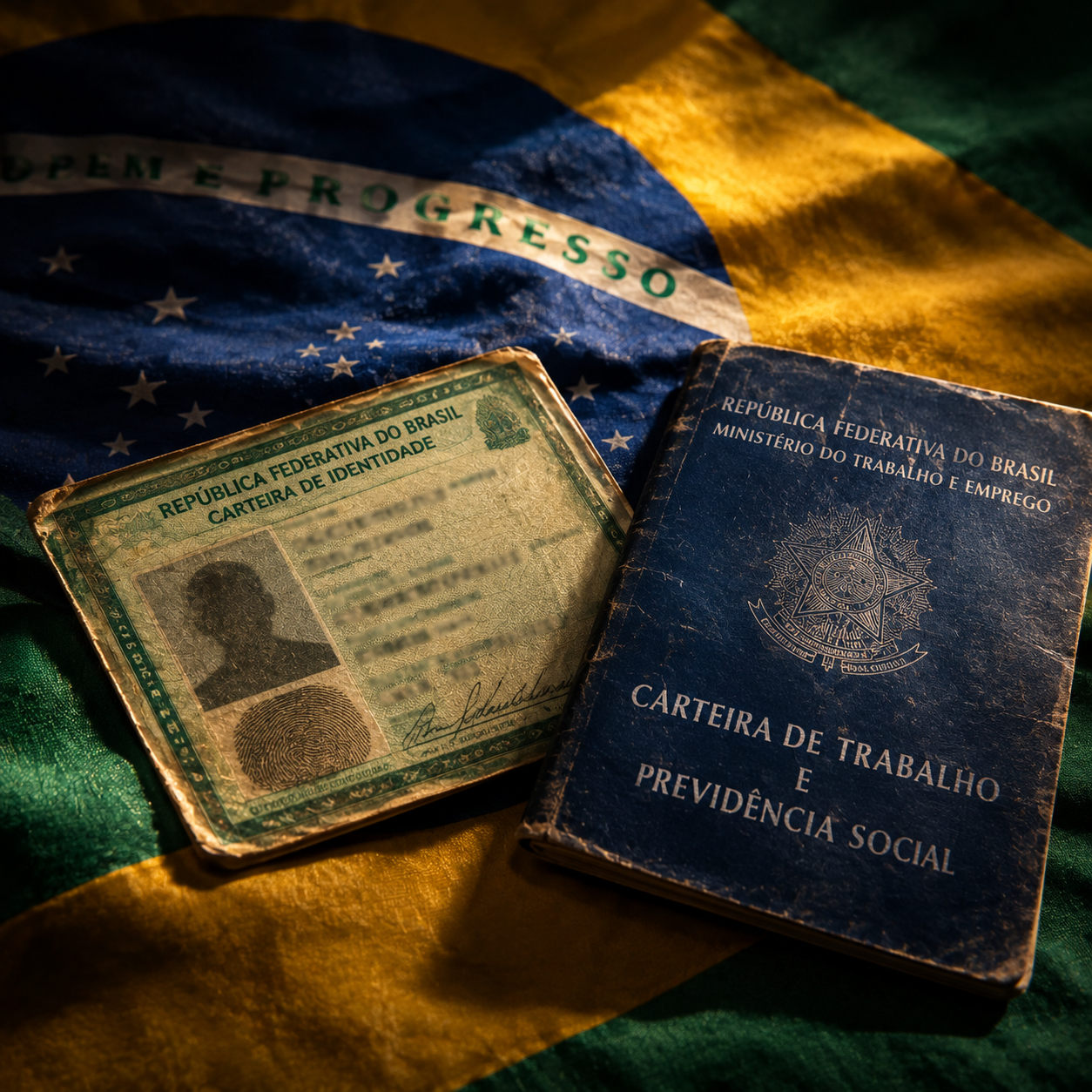 Carteira de identidade e de trabalho sobrepostas à bandeira do Brasil, simbolizando a luta pela garantia dos direitos civis na redação do ENEM.