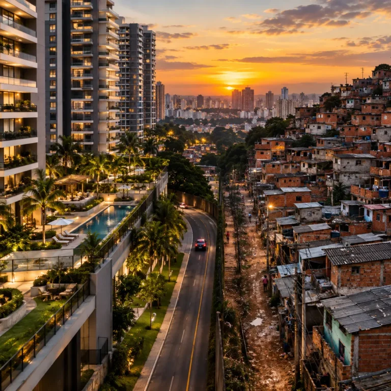 Imagem dividida mostrando o contraste entre prédios de luxo e habitações precárias nas periferias, ilustrando a desigualdade urbana na redação do ENEM.