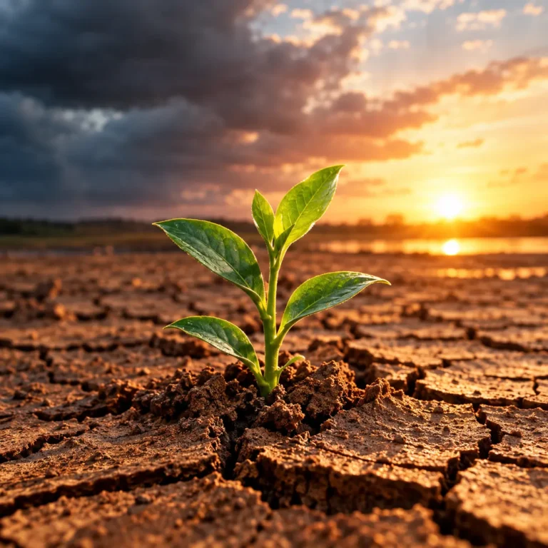 Uma pequena muda de planta crescendo no centro de um solo rachado e seco, ilustrando os desafios da crise climática na redação do ENEM.