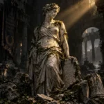 Uma estátua histórica de mármore com rachaduras e musgo, simbolizando o abandono e a necessidade de preservação do patrimônio cultural.
