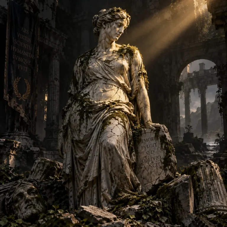 Uma estátua histórica de mármore com rachaduras e musgo, simbolizando o abandono e a necessidade de preservação do patrimônio cultural.