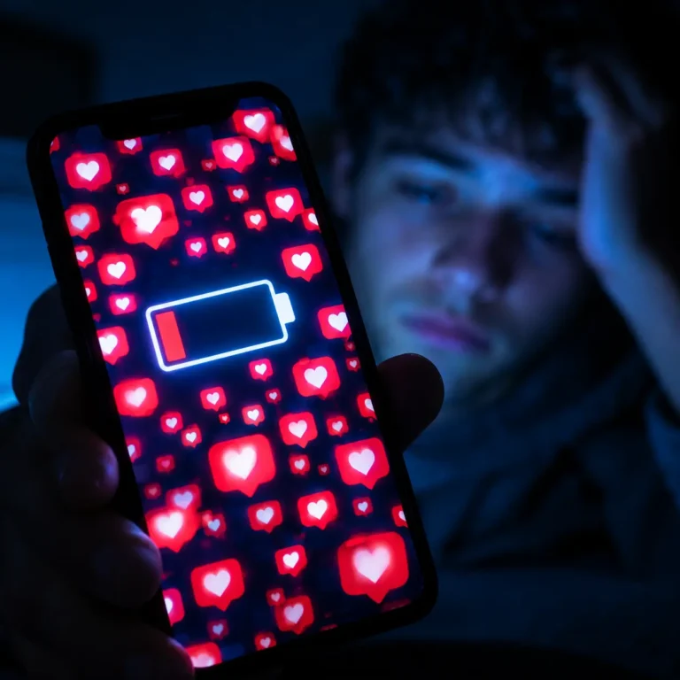 Tela de um celular brilhando no escuro com excesso de notificações, iluminando o rosto de um jovem exausto, simbolizando os danos à saúde mental.