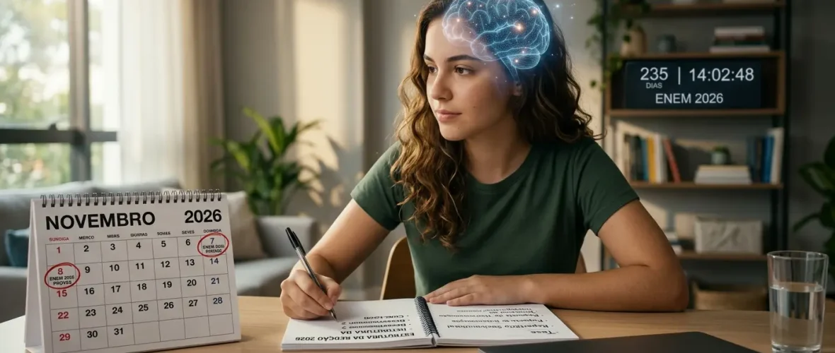 Estudante brasileira focada escrevendo redação em mesa organizada com calendário marcado para Novembro 2026. Sobre sua cabeça, há um holograma azul de cérebro ativado simbolizando neuroplasticidade e foco. Ao fundo, um cronômetro digital para o Enem 2026. Foto hiper-realista.
